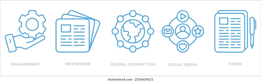 Public relations icon collection set. Containing design management,newspaper,global connection,social media,paper