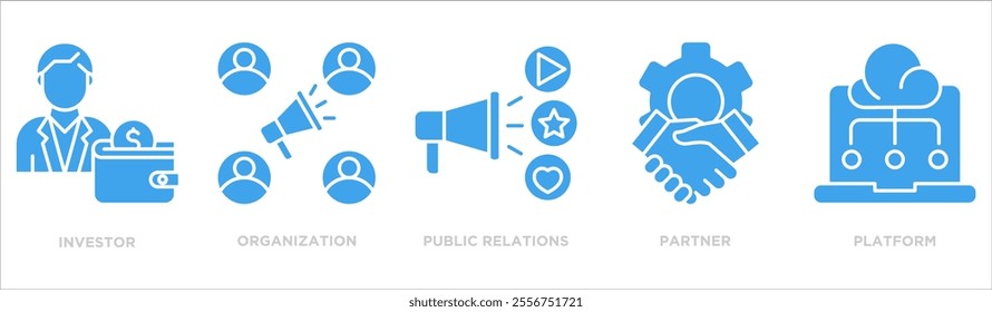 Public relations icon collection set. Containing design investor,organization,public relations,partner,platform