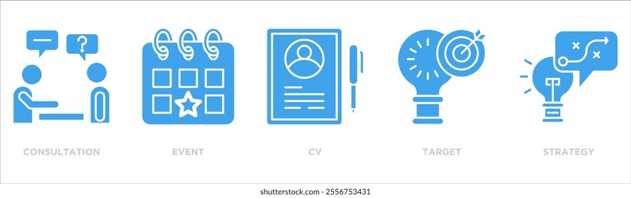 Public relations icon collection set. Containing design consultation,event,cv,target,strategy