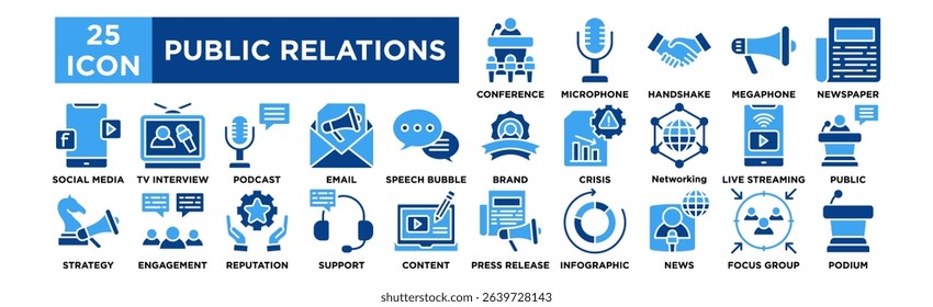 Public Relations icon collection set. Press Conference, Microphone, Handshake, Megaphone, Newspaper