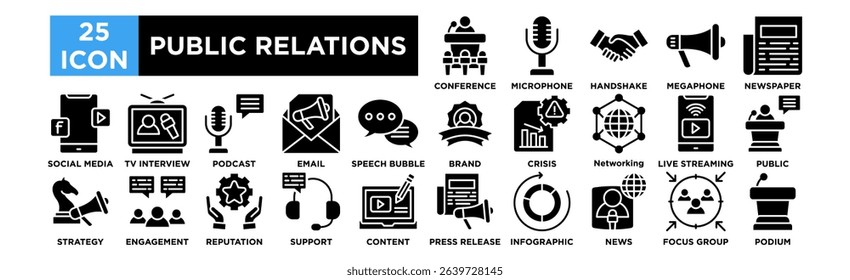 Public Relations icon collection set. Press Conference, Microphone, Handshake, Megaphone, Newspaper