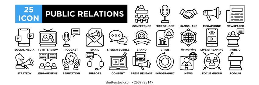 Public Relations icon collection set. Press Conference, Microphone, Handshake, Megaphone, Newspaper