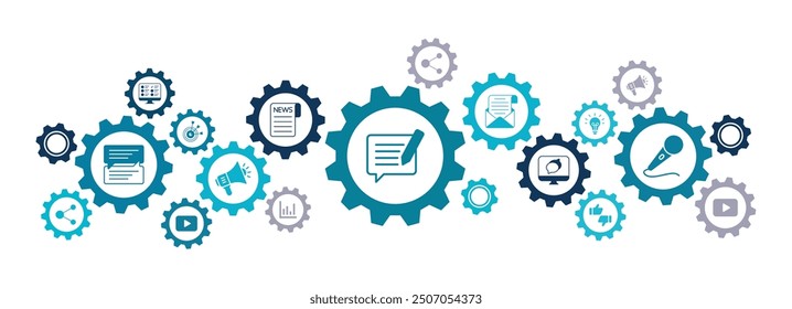 public relations icon concept: pr and media relations and marketing and publicity symbols. vector illustration