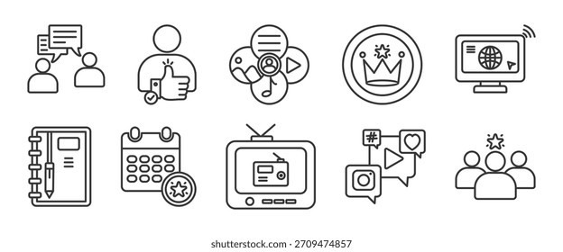 Kollektion von PR-Symbolen im Gliederungsstil. Icon Pack enthält Öffentlichkeitsarbeit, Kommunikation, Reputation