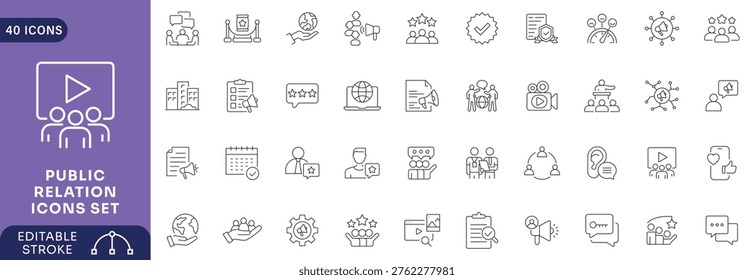 Public relations icon set. Contain icons related to public relations Etc. Outline Icon Collection. Fully Editable. Vector illustration.