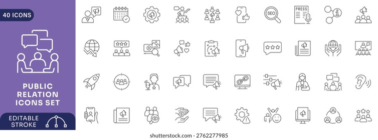 Public relations icon set. Contain icons related to public relations Etc. Outline Icon Collection. Fully Editable. Vector illustration.