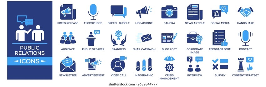 Public Relations icon set. Containing design Press Release, Microphone, Speech Bubble, Megaphone, Camera. Solid icon collection.