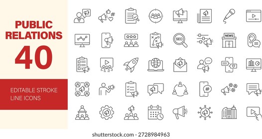 Symbolsatz für Öffentlichkeitsarbeit. Mit Ankündigung, Werbung, Bewusstsein, Werbung, Kampagne, Werbung, Marketing, Publikum, Geschäft und mehr. Bearbeitbare Liniensymbole. Vektorgrafik.