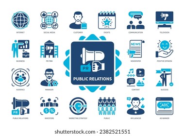 Public Relations icon set. Marketing Strategy, Communication, Newspaper, Influencer, Internet, Social Media, Customer, Events. Duotone color solid icons