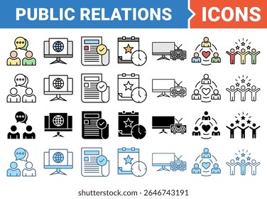 Public relations icon set with multiple style collection.