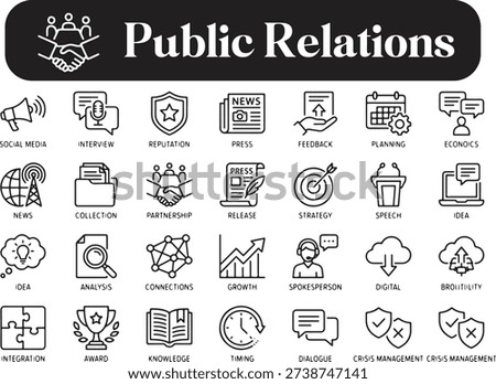 Public relations icons set including social media communication and business strategy symbols on transparent background