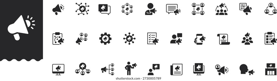Public Relations Icons setzen Vektorgrafik mit Sammlung von Megaphon-Reichweite Pressemitteilung Markenkommunikation Marketing Social Media Ankündigung Teamwork Influencer Strategie Reputation PR