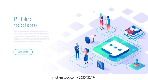 Public relations isometric landing page vector template. Business marketing department website homepage interface layout. Customer relationship management web banner isometry concept