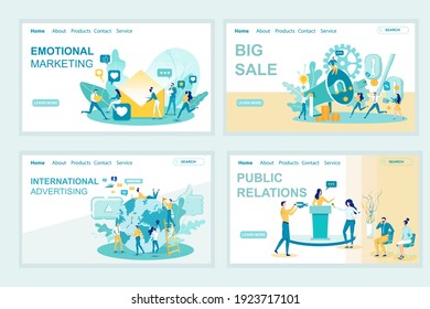 Öffentlichkeitsarbeit Landing Page Vector Template Set. Design-Layout für emotionales Marketing-Webseiten mit flachen Illustrationen. Marcom Website, Web-Banner. Farbkonzept für Kundenanweisungen