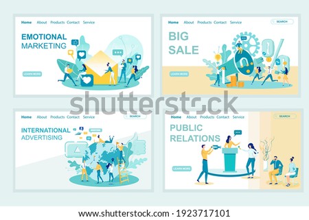 Public Relations Landing Page Vector Template Set. Emotional Marketing Webpage Design Layout with Flat Illustrations. Marcom Website, Web Banners. Customer Attachment Color Concept