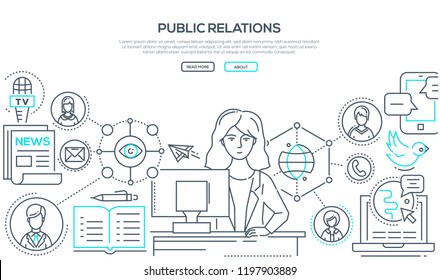 Relaciones públicas - ilustración de estilo de línea sobre fondo blanco con lugar para el texto. Cartel con una trabajadora de relaciones públicas en su computadora, diferentes tipos de comunicaciones, TV, noticias, SMM