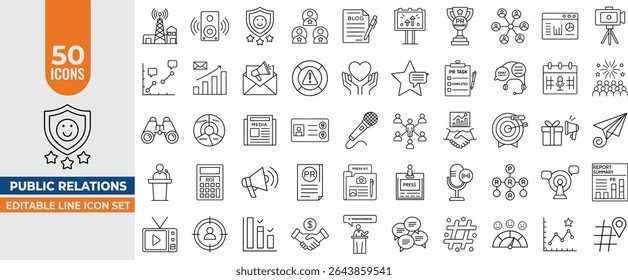 Public Relations Line Icons – Editable Stroke Vector Set for PR, Branding, Media and Corporate Communication. Editable Stroke. Vector illustration