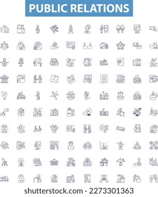 Public relations line icons, signs set. PR, Communications, Marketing, Media, Relations, Reputation, Strategy, Advertising, Outreach outline vector illustrations.