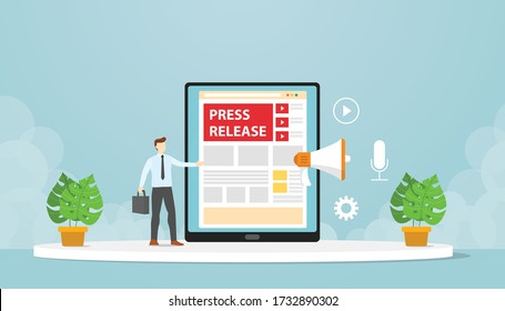 Public Relations Make Press Releases Through Company Blogs. Modern Flat Cartoon Design.