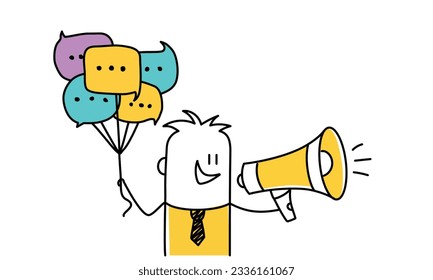 Public Relations manager to communicate company information and media. Stick figure. Doodle style. Vector illustration.