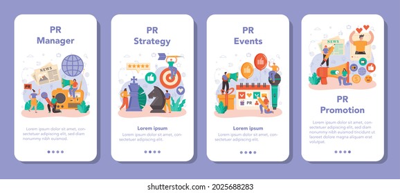 Public relations manager mobile application banner set. Specialist developing commercial brand advertising and building relationships with customer. Flat vector illustration