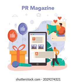 Public relations manager online service or platform. Specialist building and developing relationships with customer. Online magazine. Flat vector illustration