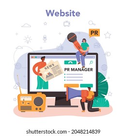 Public relations manager online service or platform. Specialist building and developing relationships with customer. Website. Flat vector illustration