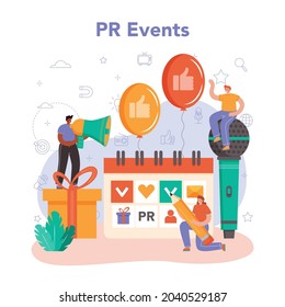 Public relations manager. PR event. Specialist developing commercial brand advertising and building relationships with customer. Mass media support of the business. Flat vector illustration