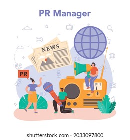 Public relations manager. Specialist developing commercial brand advertising and building relationships with customer. Mass media support of the business. Flat vector illustration