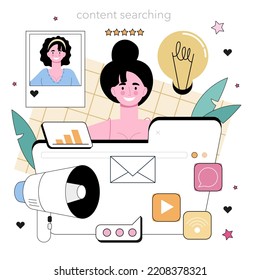 Gerente de relaciones públicas. Especialista en el desarrollo de publicidad comercial de marca y en la construcción de relaciones con el cliente. Apoyo de los medios masivos al negocio. Ilustración vectorial plana