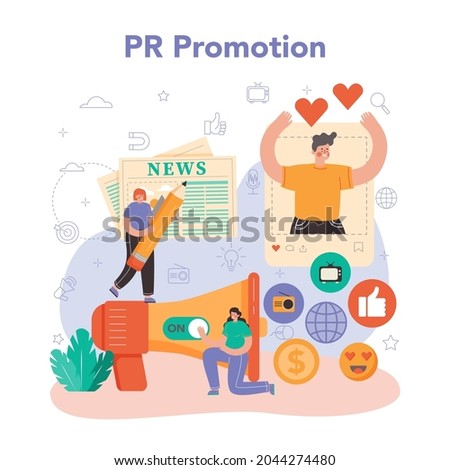 Public relations manager. Specialist developing commercial brand advertising and building relationships with customer. Mass media support of the business. Flat vector illustration