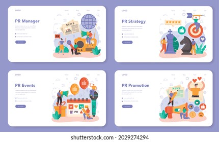 Web-Banner oder Landing-Page Set von Public Relations Manager. Spezialist für die Entwicklung der kommerziellen Markenwerbung und Aufbau von Beziehungen zu Kunden. Flache Vektorgrafik