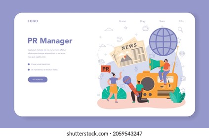 Public relations manager web banner or landing page. Specialist developing commercial brand advertising and building relationships with customer. Flat vector illustration