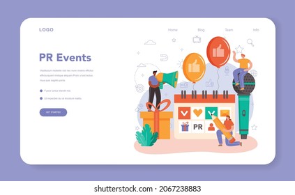 Banner web o página de inicio del gestor de relaciones públicas. Evento de relaciones públicas. Especialista en el desarrollo de publicidad comercial de marca y en la construcción de relaciones con el cliente. Ilustración vectorial plana