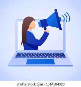 Public relations and marketing background with symbols and people. Social media marketing concept. Flat style design with gradient. Modern vector.
