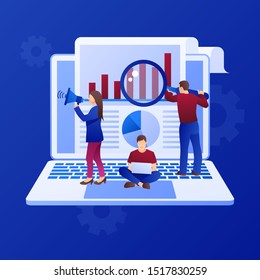 Public relations and marketing background with symbols and people. Social media marketing concept. Flat style design with gradient. Modern vector.