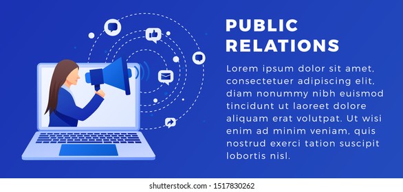 Public relations and marketing background with symbols and people. Social media marketing concept. Flat style design with gradient. Modern vector.