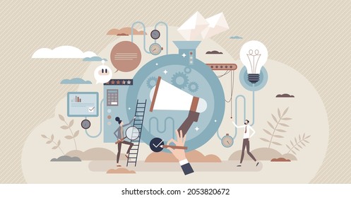 Public relations marketing communication and management tiny person concept. Social media announcement and advertising campaign process using abstract software machine with loudspeaker megaphone.