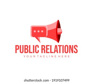 Public relations, megaphone, bullhorn and speaking trumpet, logo design. Public opinion management, social interactions, target audience and communications, vector design and illustration