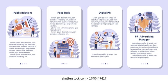 Public relations mobile application banner set. Idea of making announcements through mass media to advertise your business. Management and marketing strategy. Flat vector illustration
