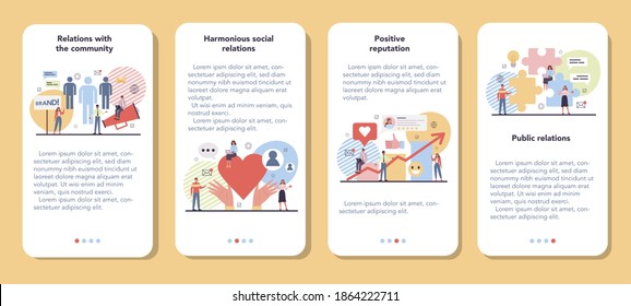 Public relations mobile application banner set. Idea of brand advertising, building relationships with customer. Maintenance of the brand reputation. Flat vector illustration