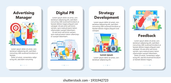 Public relations mobile application banner set. Idea of making announcements through mass media to advertise business. Strategy development and customer feedback. Flat vector illustration