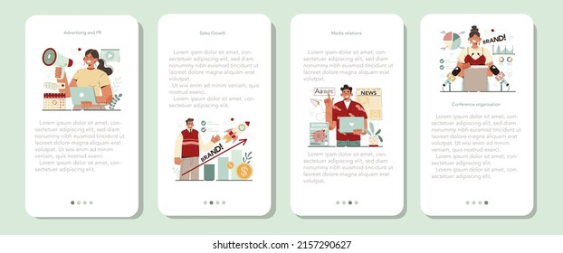 Juego de banners de aplicaciones móviles de relaciones públicas. Especialista en el desarrollo de publicidad comercial de marca, la construcción de relaciones con el cliente. Apoyo de los medios masivos al negocio. Ilustración vectorial plana