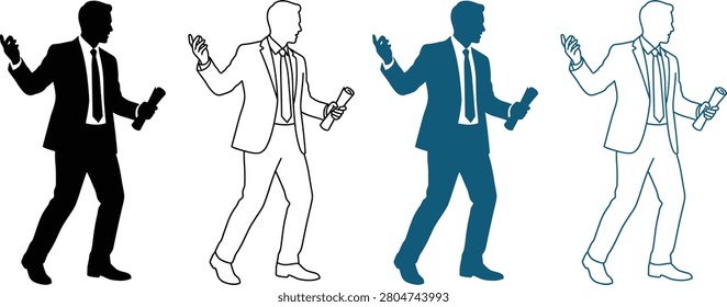 public relations officer character icon set in suit with microphone and handshake gesture