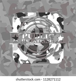 Public Relations on grey camouflage texture