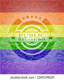 Public Relations on mosaic background with the colors of the LGBT flag