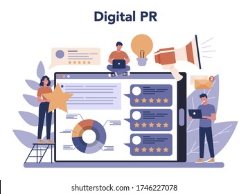 Public relations online service or platform. Idea of making announcements through mass media to advertise your business. Flat vector illustration