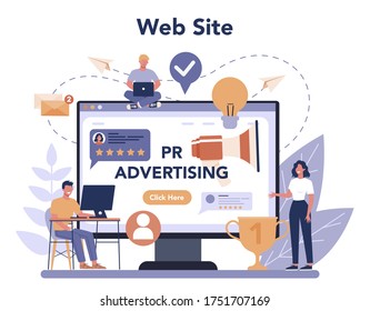 Public relations online service or platform. Idea of making announcements through mass media to advertise your business. Flat vector illustration