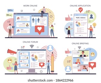 Public relations online service or platform set. Idea of brand advertising, building relationships with customer. Online work, briefing, forum, application. Flat vector illustration