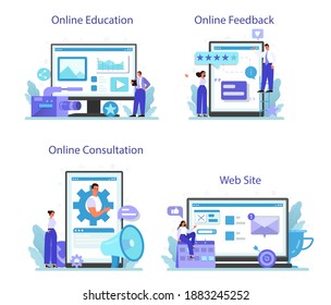 Public relations online service or platform set. Idea of brand advertising, relationships with customer. Brand reputation. Online education, feedback, consultation, website. Flat vector illustration